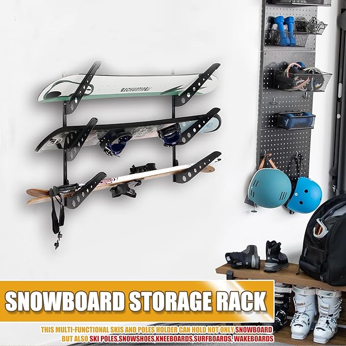 3 Board Snowboard Wall Racks, Adjustable Storage Rack for Ski, Surfboard, Wakeboard, Snowboard Wall