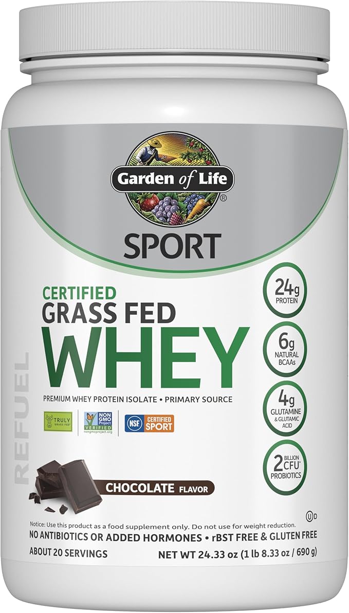 Garden of Life Sport Whey Protein Powder Chocolate, Premium Grass Fed Whey Protein Isolate Plus