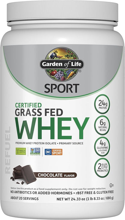 Garden of Life Sport Whey Protein Powder Chocolate, Premium Grass Fed Whey Protein Isolate Plus