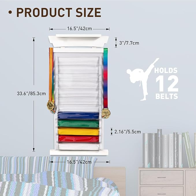 Tilhumt 12/10 Belts Karate Belt Display Rack with Stickers, Taekwondo Belt Display with