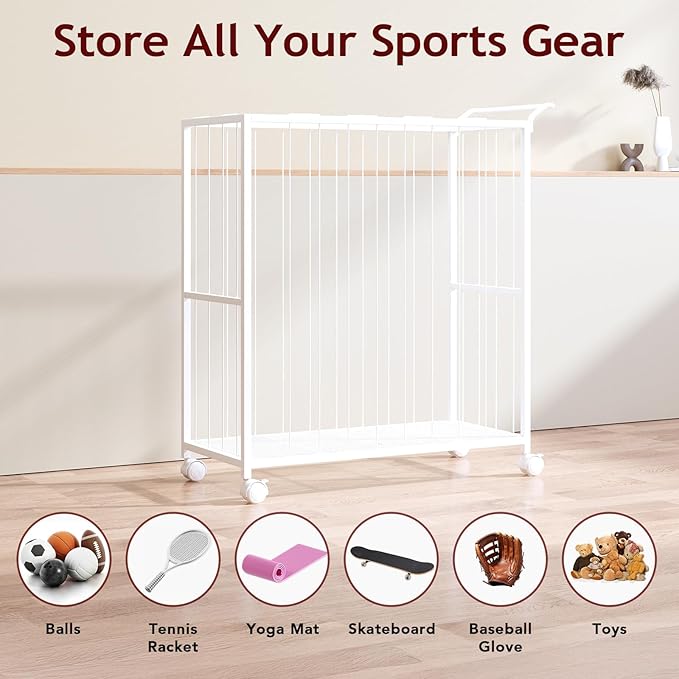 Ball Storage Bin Rolling Sports Ball Cart, Metal Garage Organizer Sport Rack, Ball Basket Storage
