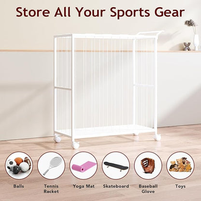 Ball Storage Bin Rolling Sports Ball Cart, Metal Garage Organizer Sport Rack, Ball Basket Storage