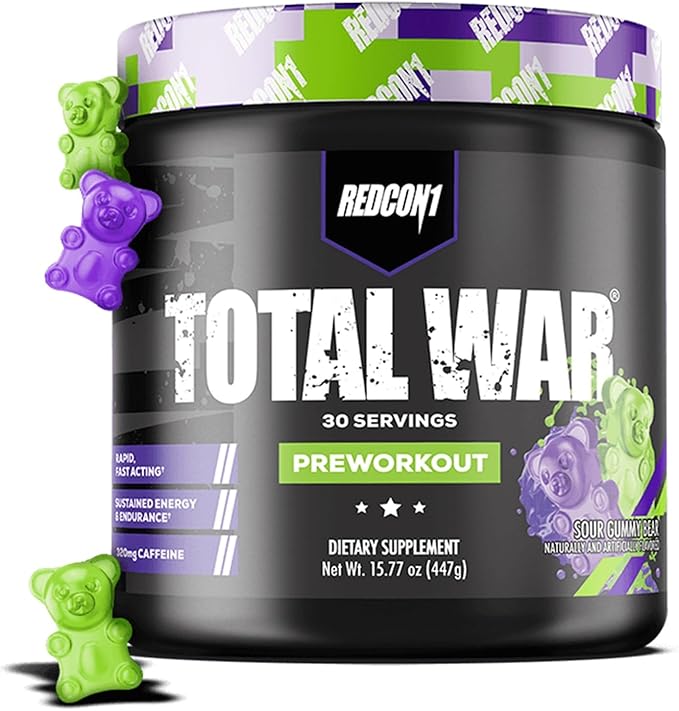 REDCON1 Total War Pre Workout, Sour Gummy Bear - Contains 320mg of Caffeine from Green Tea, Juniper