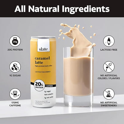 Slate Milk - High Protein Iced Coffee - Caramel Latte - 175mg Caffeine, Lactose Free Energy - 20g
