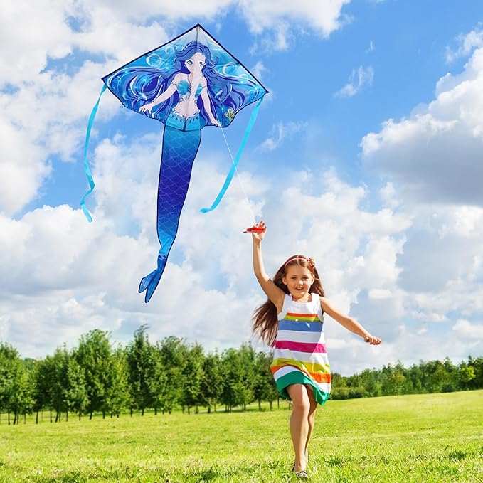 HONBO Large Mermaid Kite for Kids & Adults, Easy to Fly Delta Kite, Beginner Kite for Girls &Boys