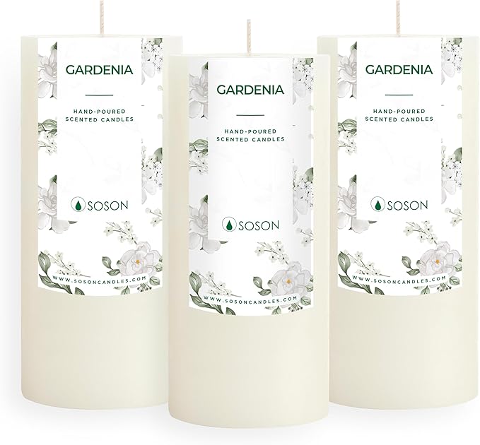 Simply Soson 3x6 inch White Rustic Gardenia Pillar Scented Candle - 3 Pack - for Home Decor