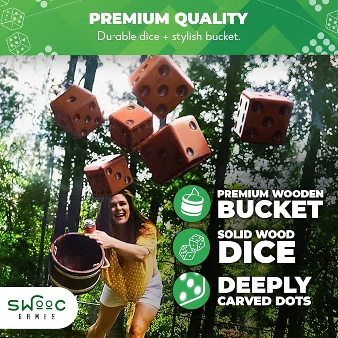 SWOOC Games - Yardzee, Farkle & 20+ Giant Dice Games (All Weather) Yard Dice with Wooden Bucket, 5
