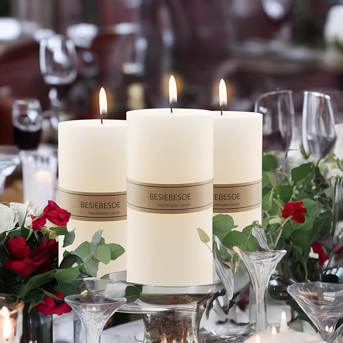 3 x 8 Ivory Pillar Candles Set of 6 Unscented Handpoured Weddings, Home Decoration, Restaurants