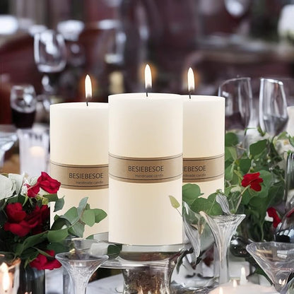 3 x 8 Ivory Pillar Candles Set of 6 Unscented Handpoured Weddings, Home Decoration, Restaurants