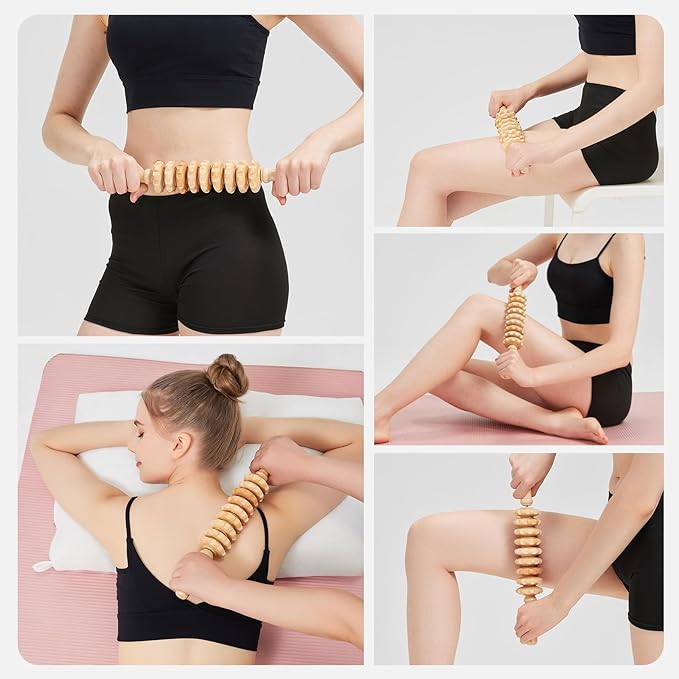 Wooden Cellulite Massage Roller for Legs and Thighs - Handheld Fascia Blaster Tool for Muscle