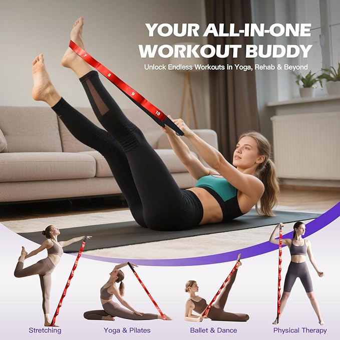 Stretching Strap with Loops - Non Elastic Yoga Straps for Physical Therapy, Durable Stretch Bands