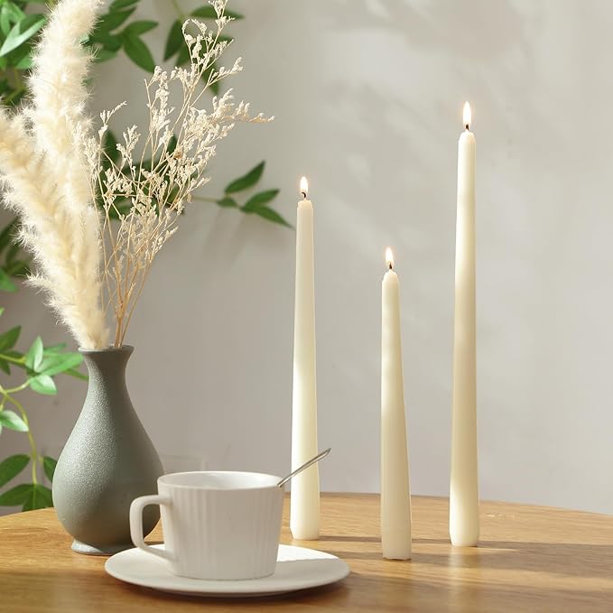MTLEE Multi Height Beige Taper Candles - Unscented, 8/10/12 Inch, 8 Hour Burn Time, Perfect for