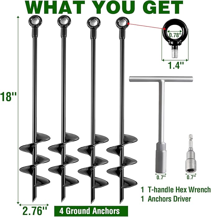 Ground Anchors Heavy Duty, Swing Set Anchor Kit 18 Inch 4 Pack Screw in Earth Anchors Trampoline