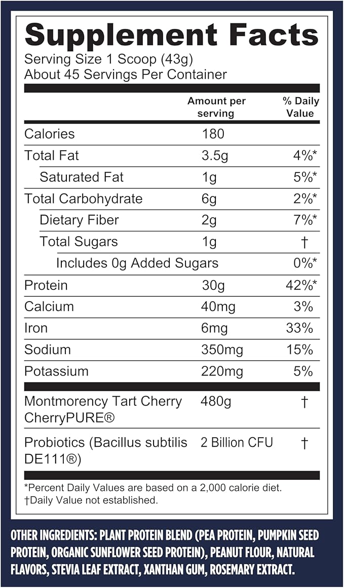 Vega Sport Vegan Protein Powder + Recovery - 30g Plant Based Protein per Serving, Peanut Butter, 45
