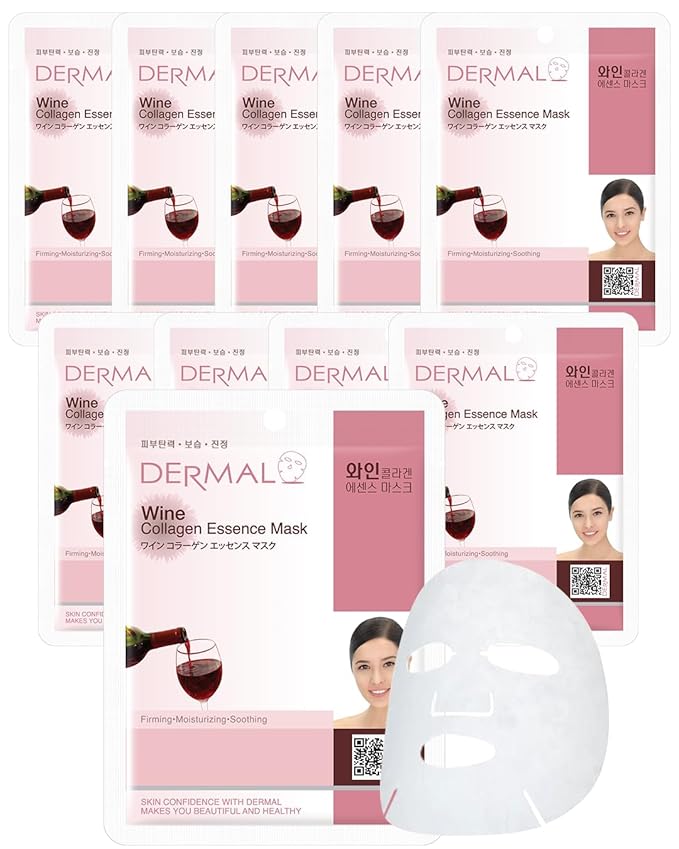 DERMAL Wine Collagen Essence Facial Mask Sheet 23g Pack of 10 - Moisturizing & Firming for Tired
