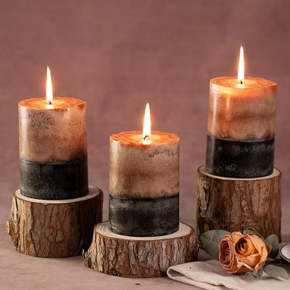 KONNI Coffee Layered Pillar Candles Set of 3, 3"x 4" Unscented Pillar Candles Bulk, 39 Hours Long
