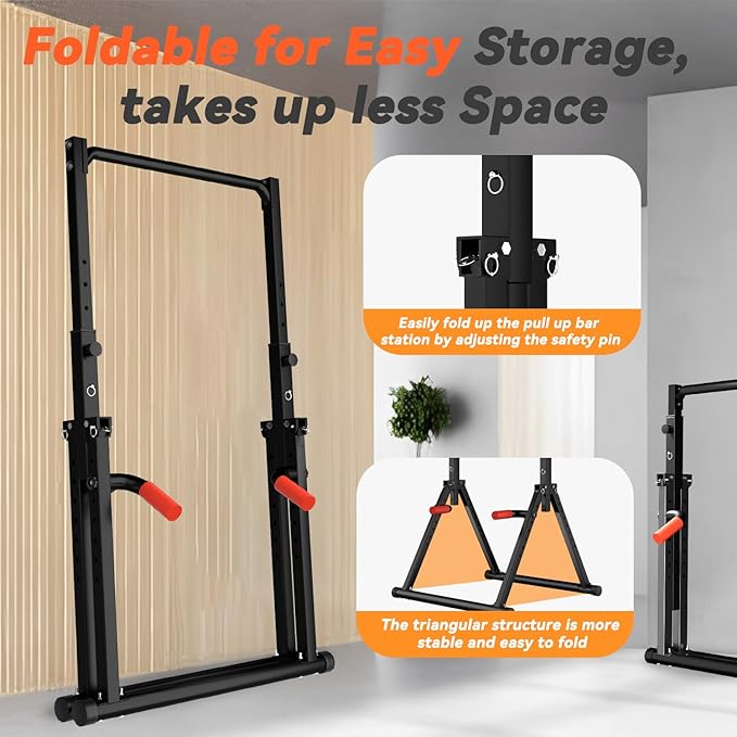 Power Tower Pull Up Dip Station Foldable, Pull Up Bar Station Adjustable, Multi-Function Home Gym