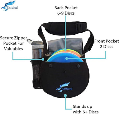 Kestrel Black Disc Golf Bag - Fits 6-10 Golf Discs + Bottle - For Beginner & Advanced Golfers