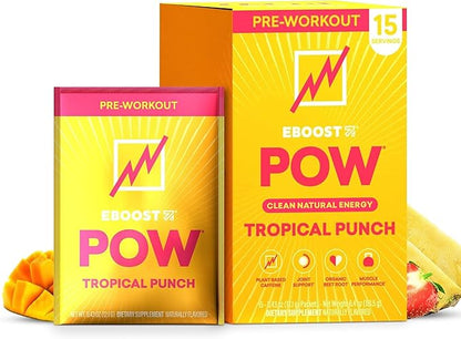 EBOOST POW Natural Pre Workout Powder - 15 Packets, Tropical Punch - Preworkout Energy Booster Gym