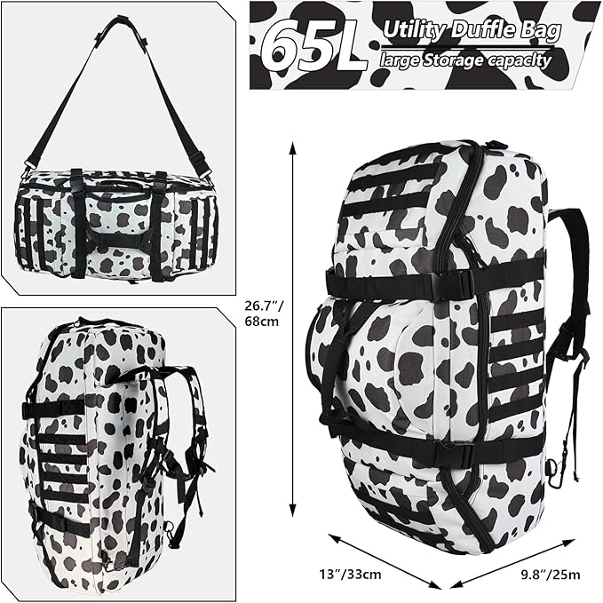 65L Large Duffle Bag, 3-in-1 Tactical Backpack MOLLE Pack for Sports, Gym, Outdoor, Cow Color