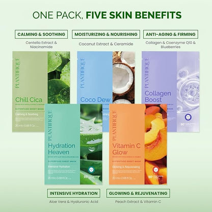 PLANTIFIQUE Superfood Facial Sheet Mask Variety Box 5 Pack ??Face Mask Set with Coconut, Aloe