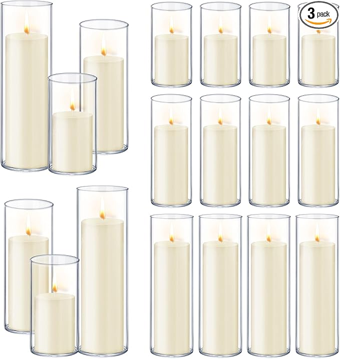 36 PCS Ivory White Pillar Candles with Glass Candle Holders Clear Hurricane Candle Holders Glass