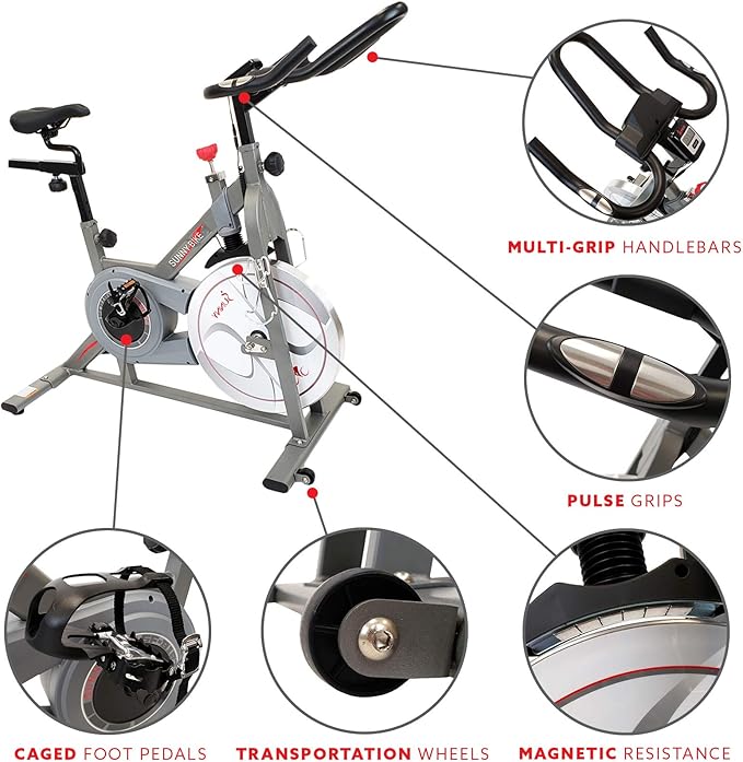 Sunny Health & Fitness Indoor Cycling Exercise Bike w/Pulse Sensors & 4-Way Adjustable Seat