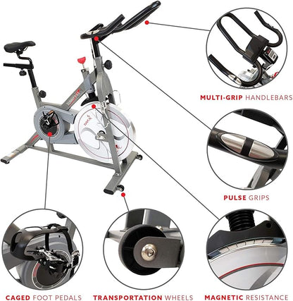 Sunny Health & Fitness Indoor Cycling Exercise Bike w/Pulse Sensors & 4-Way Adjustable Seat