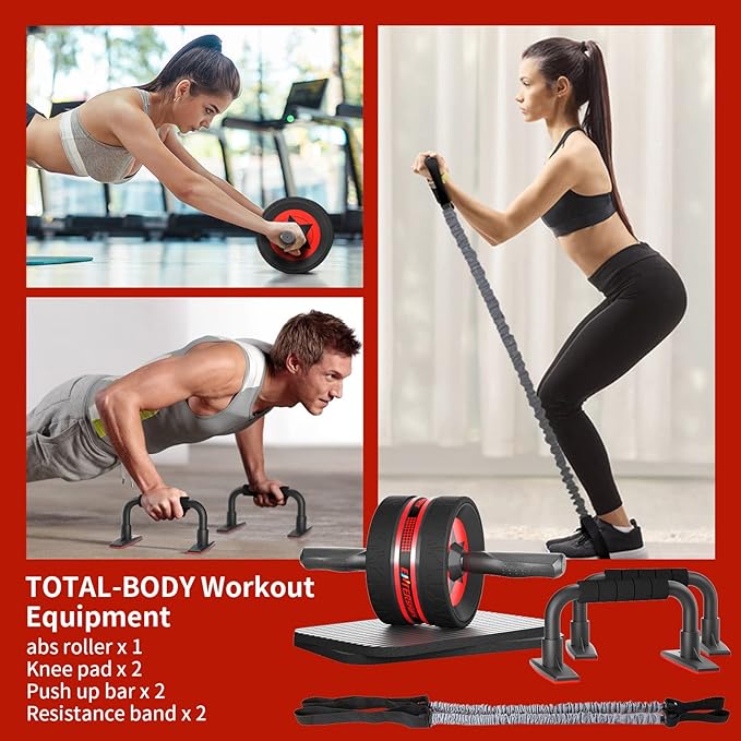 Ab Rollers Wheel Kit, Exercise Wheel Core Strength Training Abdominal Roller Set with Push Up Bars