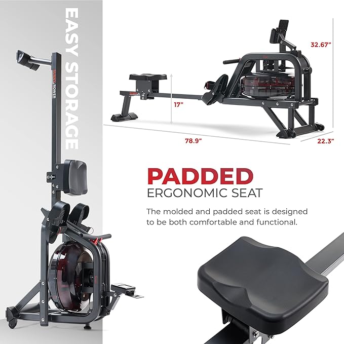 Sunny Health & Fitness Premium Water Rower w/Intensive Dynamic Real-Time Resistance, 300 LB