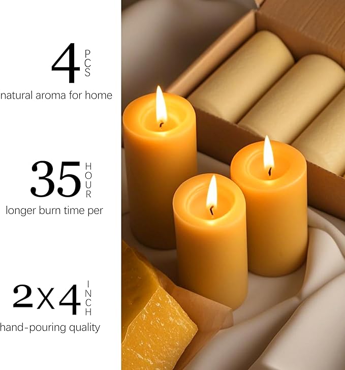 Natural Beeswax Candles 4 Packs, Beeswax Pillar Candles with 140 Hours Burn Time, Organic Emergency