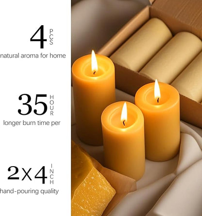 Natural Beeswax Candles 4 Packs, Beeswax Pillar Candles with 140 Hours Burn Time, Organic Emergency