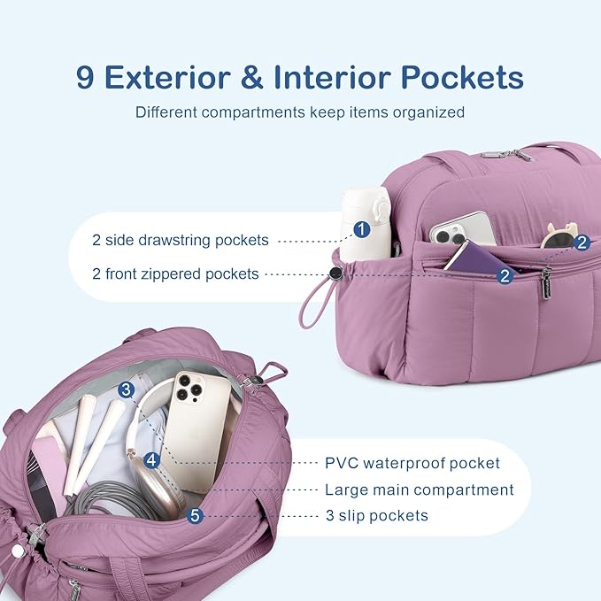TOPDesign Travel Duffel Bag for Women, Puffer Gym Bag Sports Tote with Wet Pocket, Carry On