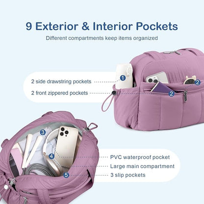TOPDesign Travel Duffel Bag for Women, Puffer Gym Bag Sports Tote with Wet Pocket, Carry On