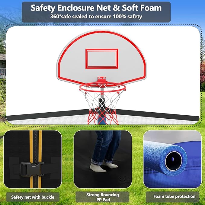Upgraded 10/12/14/15/16FT Trampoline Outdoor, Large Kids Trampoline with Light, Stakes, Sprinkler
