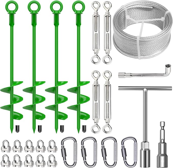 4 Pcs 18" Fully Welded Ground Anchors Shed Anchors Kit with 1/8" Galvanized Cable & Turnbuckles &