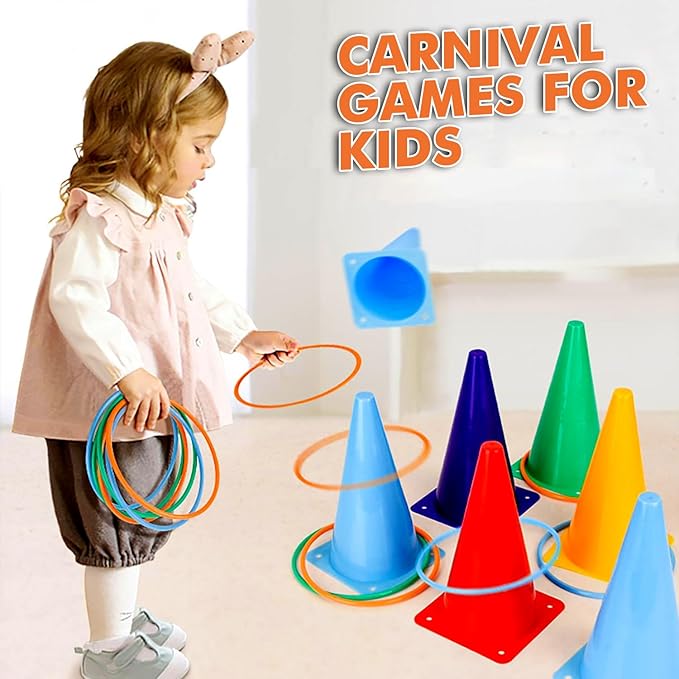 CircleCraft 31 Pcs. Plastic Cones and Rings Games Ring Toss Games for Adults, Carnival Games for