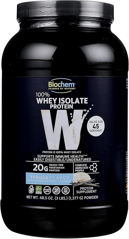 Biochem 100% Whey Isolate Protein Powder, Vanilla Flavor, 20g Grass-Fed Protein, Keto Friendly