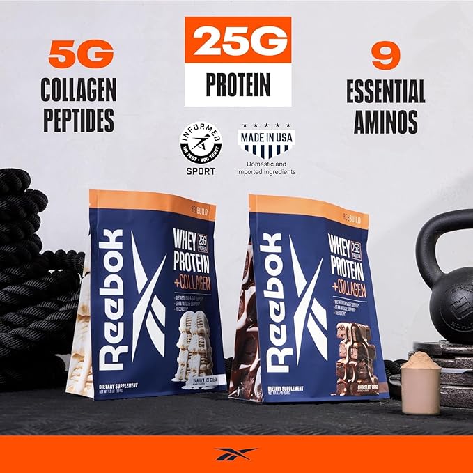 Reebok Whey Protein Powder + Collagen Peptides | 25g Protein with 9 Essential Amino Acids | Muscle