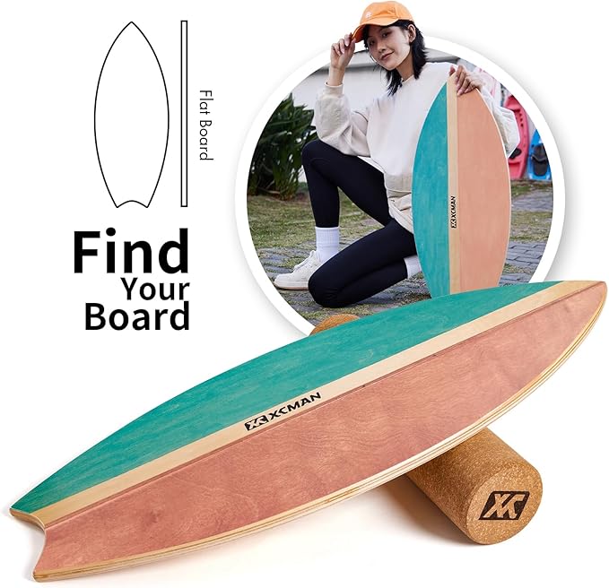 XCMAN Surf Balance Board Trainer with Roller Wooden Exercise Balancing Stability Trainer - Non Slip