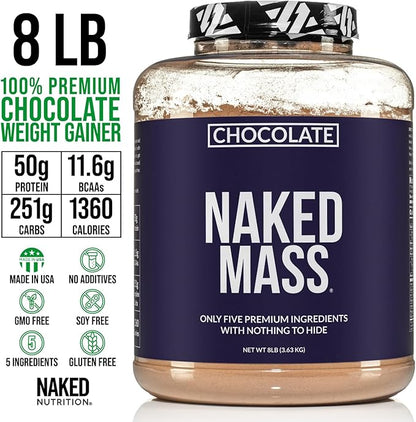 NAKED Chocolate Mass Gainer - All Natural Weight Gainer Protein Powder - 8lb Bulk, GMO Free, Gluten