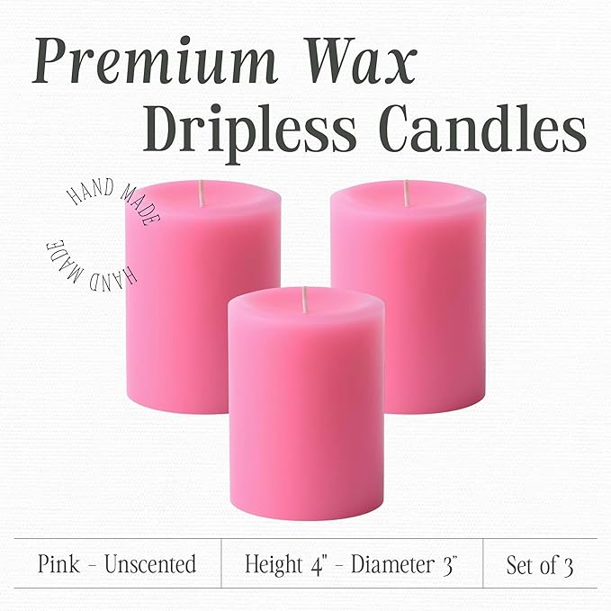 Mister Candle Dripless Unscented Pillar Candles, Set of 3 Hand Poured Solid Color Non-Scented