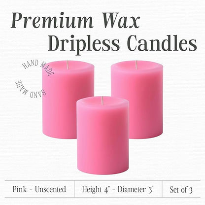 Mister Candle Dripless Unscented Pillar Candles, Set of 3 Hand Poured Solid Color Non-Scented