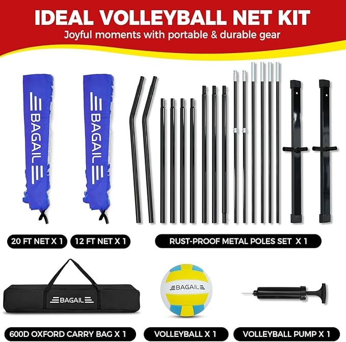 BAGAIL Volleyball Net, 12ft/20ft Portable Volleyball Net for Backyard - Adjustable Height