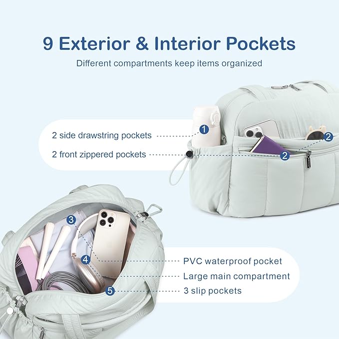 TOPDesign Travel Duffel Bag for Women, Puffer Gym Bag Sports Tote with Wet Pocket, Carry On