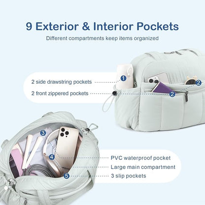 TOPDesign Travel Duffel Bag for Women, Puffer Gym Bag Sports Tote with Wet Pocket, Carry On