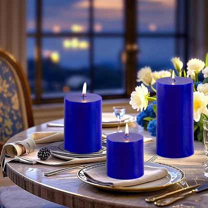 KONNI Classic Blue Pillar Candles Set of 3, 3"x 3" Unscented Pillar Candles Bulk, 30 Hours Long