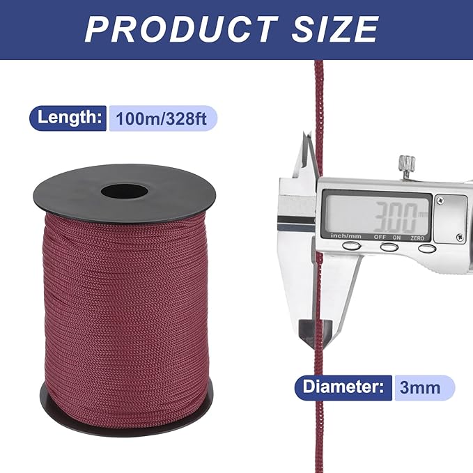 MECCANIXITY 1/8 Inch Polypropylene Rope Braided Ropes, 328ft Nylon Rope Hollow Utility Cord for