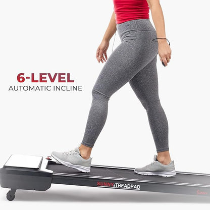 Sunny Health & Fitness Sleek Compact Smart Treadpad Treadmill with 6-Level Auto Incline, Remote