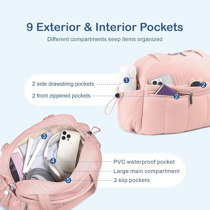 TOPDesign Travel Duffel Bag for Women, Puffer Gym Bag Sports Tote with Wet Pocket, Carry On